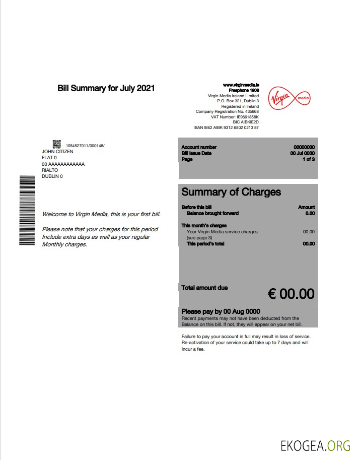 Ireland Virgin Media utility bill template editable in Word and PDF, version 1